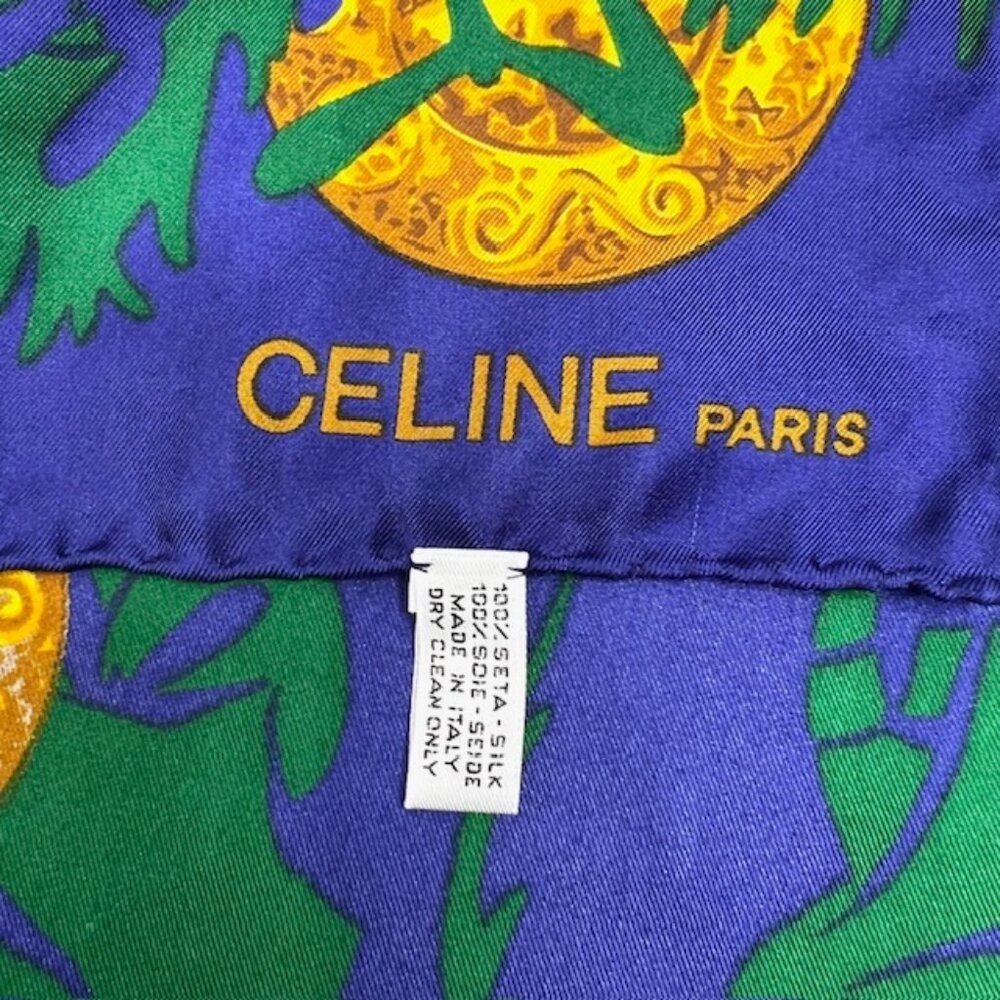 Vgt  Celine Paris 100% Silk Scarf Satin 34"  Green Blue Purple Floral Gold   (38 - Picture 9 of 16
